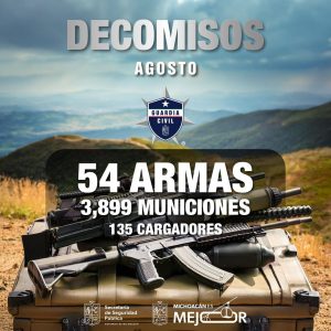 SSP decomisó 54 armas de fuego en Michoacán durante agosto.