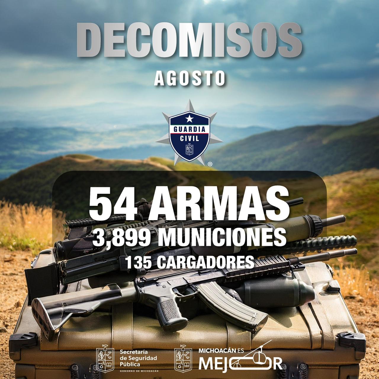 SSP decomisó 54 armas de fuego en Michoacán durante agosto.