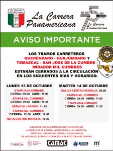 ¡Atención Automovilistas! Por el paso de la  La Carrera Panamericana se cerrarán los tramos Queréndaro-Huajumbaro- Mil Cumbres Lunes y Martes.<br>