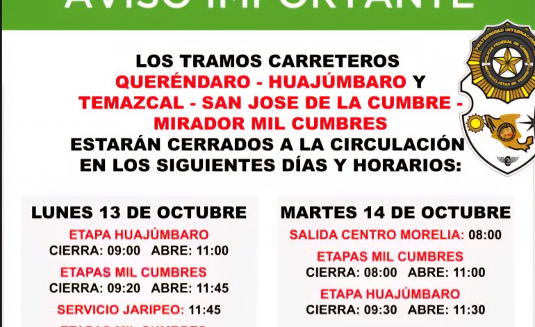 ¡Atención Automovilistas! Por el paso de la La Carrera Panamericana se cerrarán los tramos Queréndaro-Huajumbaro- Mil Cumbres Lunes y Martes.