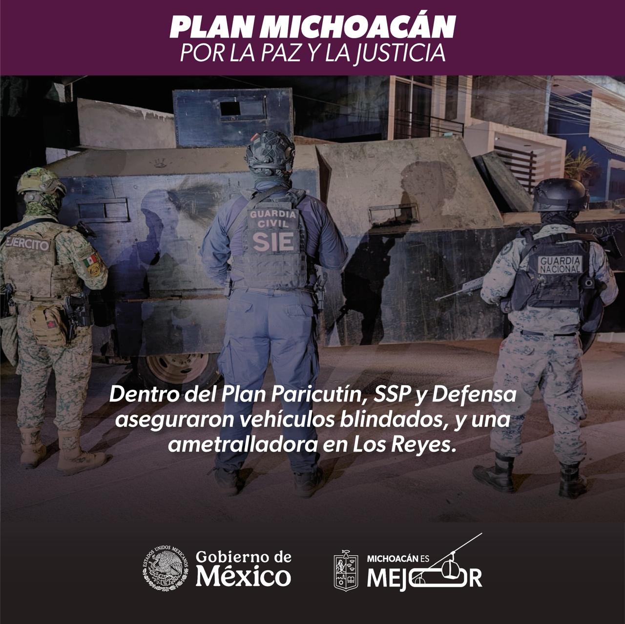 En Plan Paricutín, SSP y Defensa aseguran vehículos blindados y ametralladora en Los Reyes.