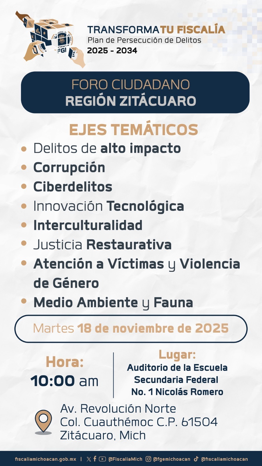 Fiscal de Michoacán Carlos Torres Piña encabeza foro regional en Zitácuaro.