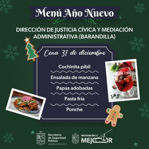 Cochinita pibil, ensalada de manzana y pasta fría, el menú para los infractores en la última noche del año: SSP