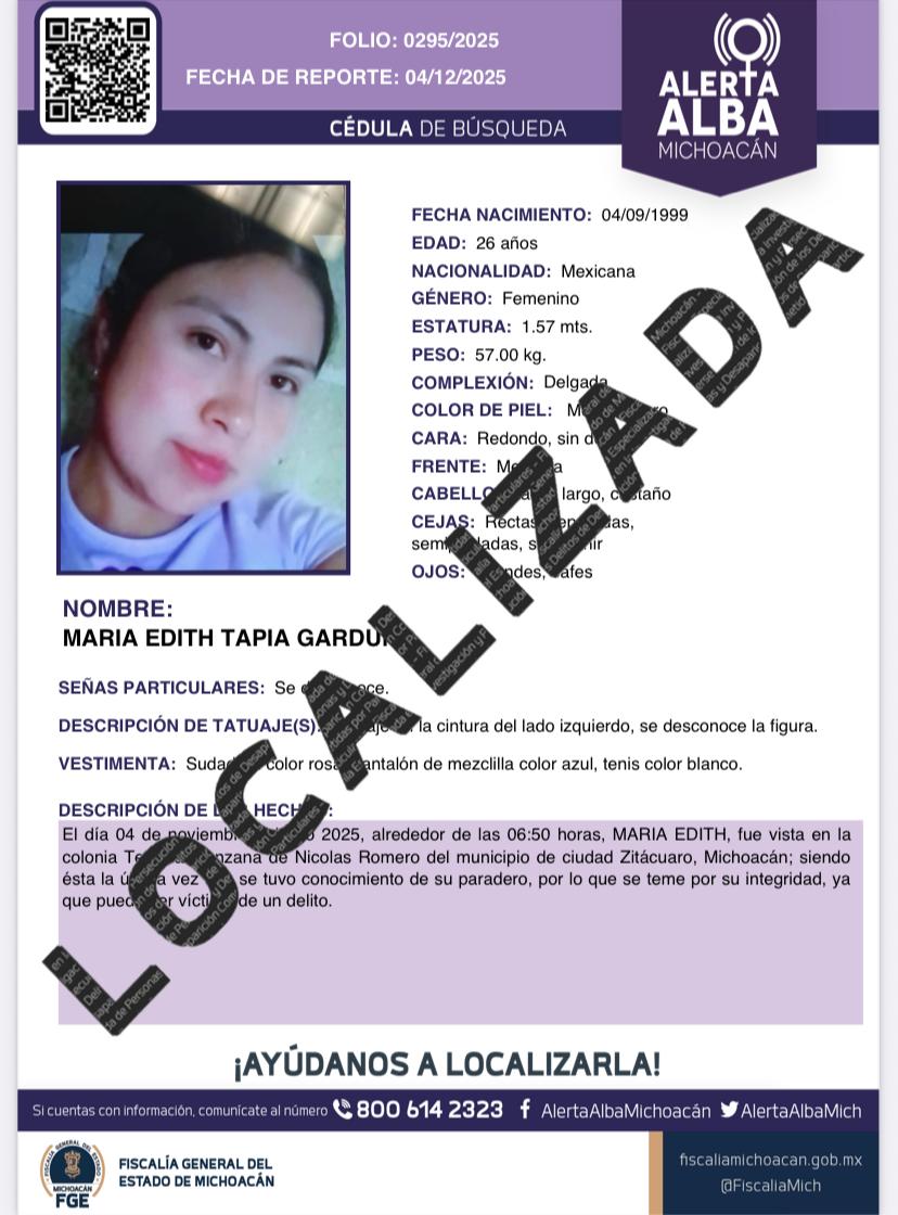 Concluye FGE búsqueda de mujer reportada desaparecida; fue localizada a salvo en Zitácuaro