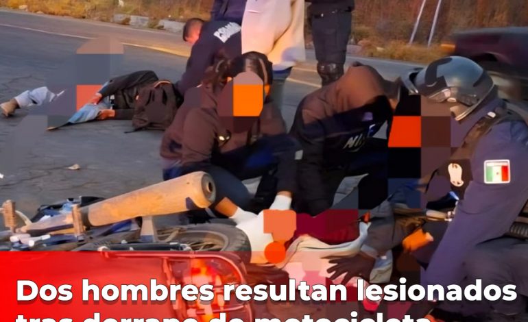 Dos hombres resultan lesionados tras derrape de motocicleta en Ciudad Hidalgo.