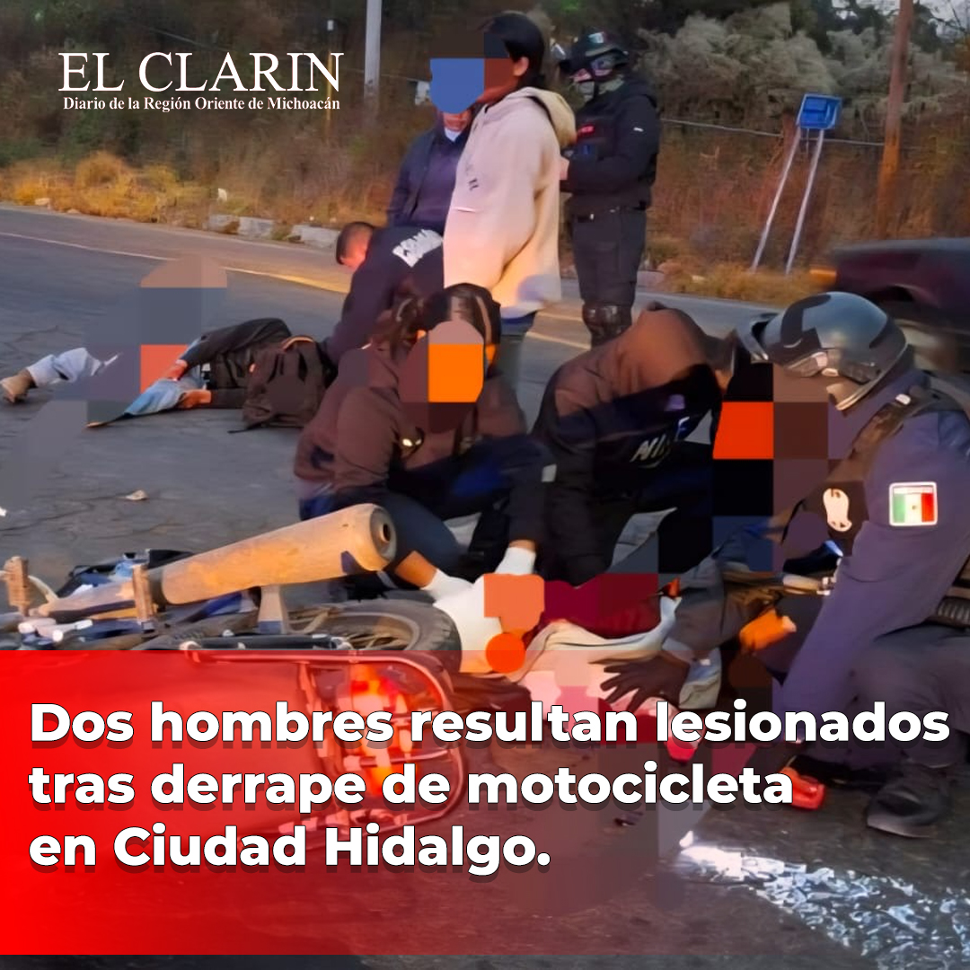 Dos hombres resultan lesionados tras derrape de motocicleta en Ciudad Hidalgo.
