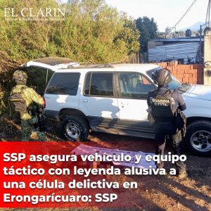 SSP asegura vehículo y equipo táctico con leyenda alusiva a una célula delictiva en Erongarícuaro: SSP