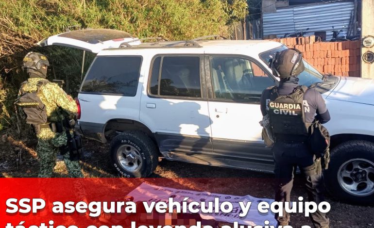 SSP asegura vehículo y equipo táctico con leyenda alusiva a una célula delictiva en Erongarícuaro: SSP