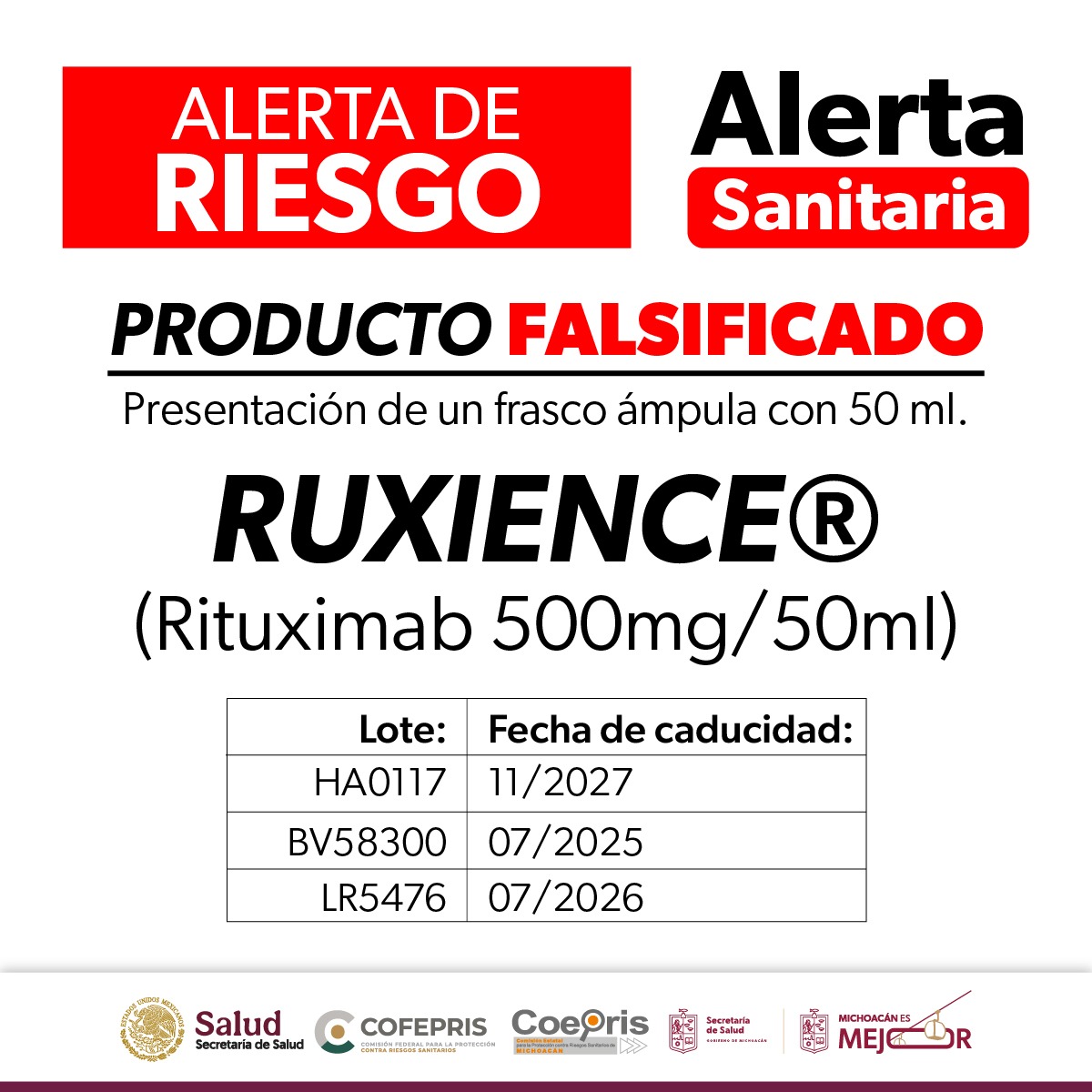 Cofepris alerta por falsificación del medicamento Ruxience®️