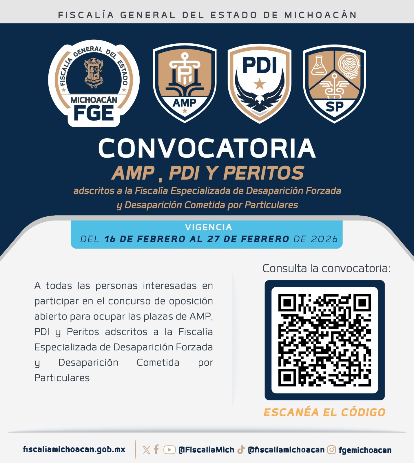Emite FGE convocatoria para ocupar 15 plazas categoría «B» en la Fiscalía Especializada en Desaparición Forzada y Desaparición Cometida por Particulares