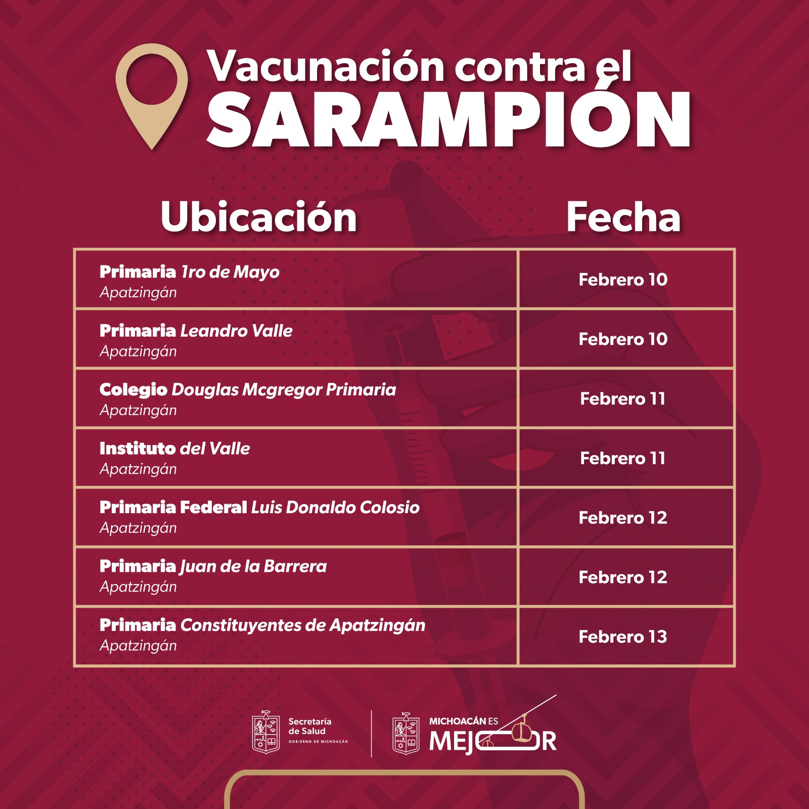 Refuerza SSM vacunación contra sarampión en Apatzingán, Uruapan, Nahuatzen y Los Reyes