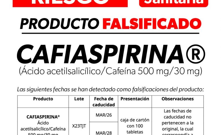 Alerta Cofepris por falsificación de Cafiaspirina®️; exhortan a la población a no consumirla
