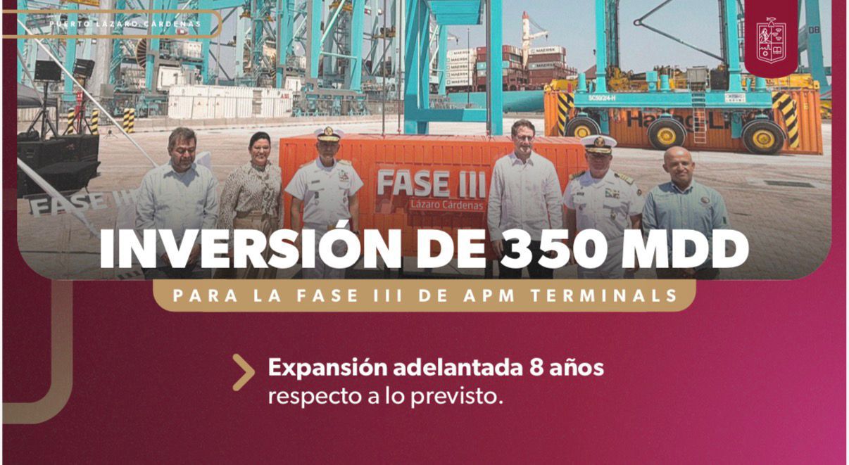 Inversión de 350 mdd de APM Terminals impulsa crecimiento del puerto de Lázaro Cárdenas: Bedolla