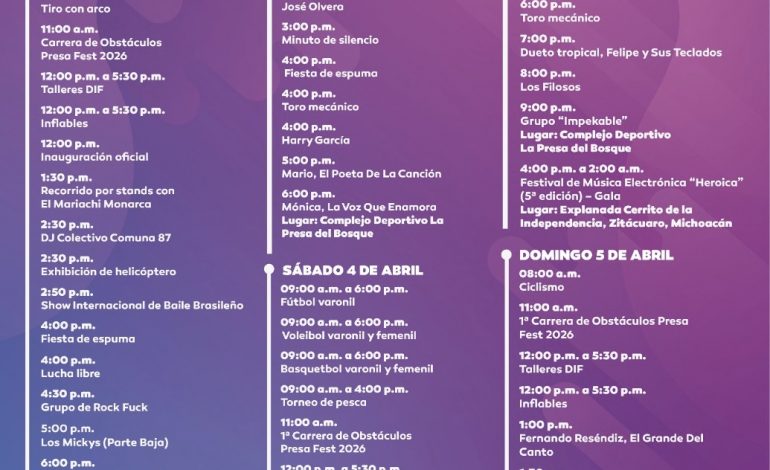 Todo listo para el Presa Fest 2026 del 2 al 5 de abril; Zitácuaro se prepara para recibir a visitantes en Semana Santa