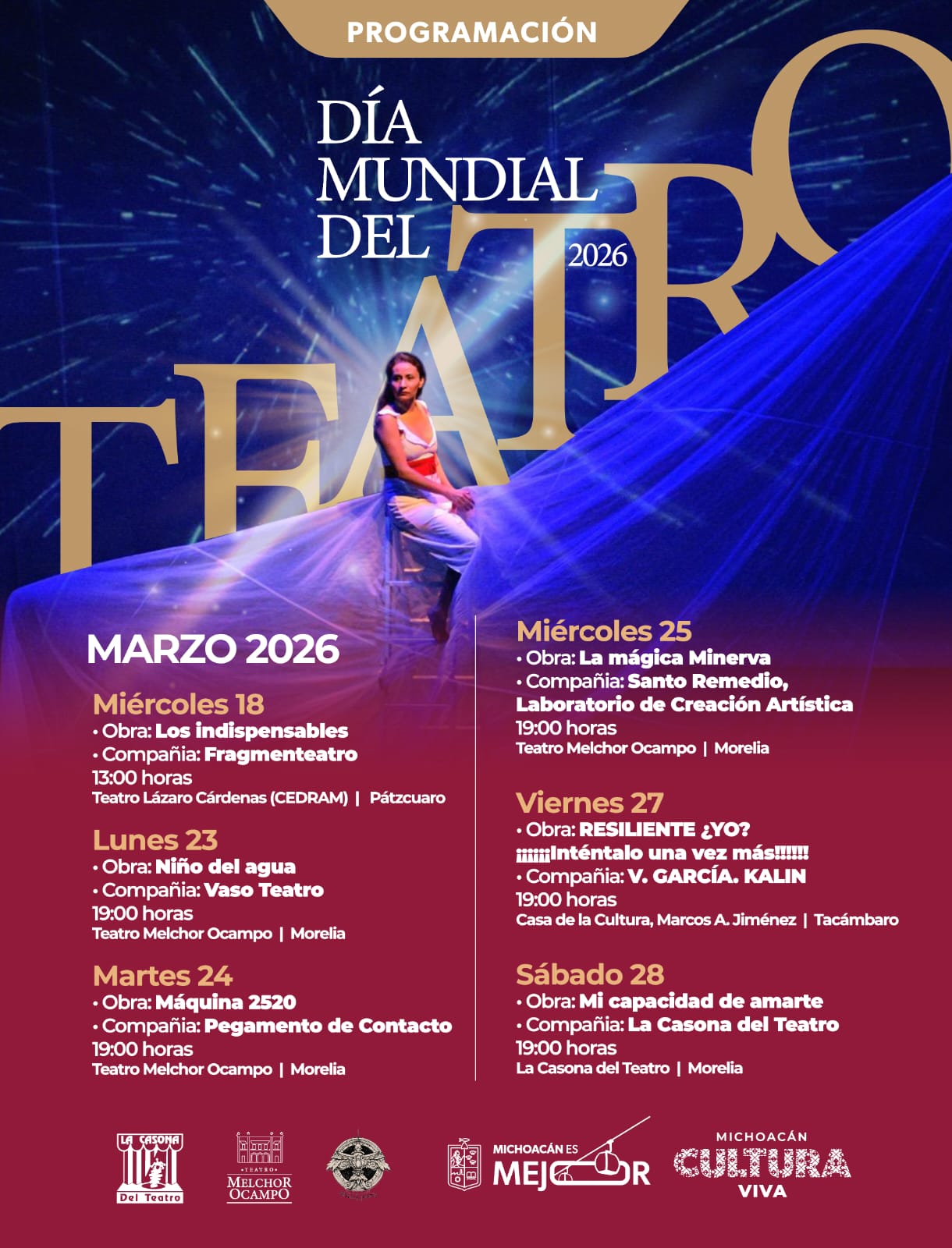 ¡No te pierdas el Día Mundial del Teatro! Habrá funciones en Morelia, Pátzcuaro y Tacámbaro