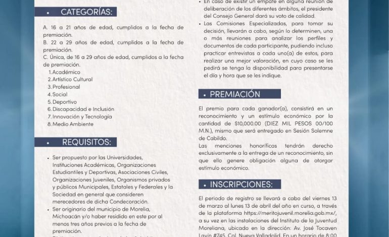 Gobierno de Morelia invita a jóvenes a brillar con la Condecoración al Mérito Juvenil