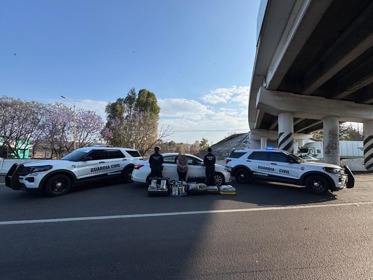 Aseguran Guardianes del Camino 5 maletas con 65 kilos de mariguana en la Autopista de Occidente: SSP