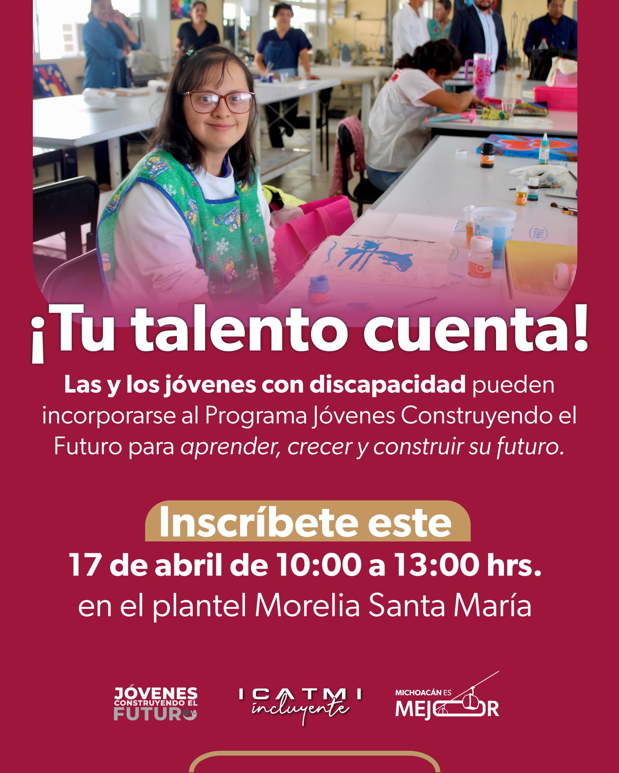 Icatmi convoca a jóvenes con discapacidad para registro de becas de empleo en Morelia.

