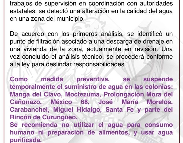 Suspenden suministro de agua en varias colonias de Zitácuaro por alteración en la calidad del líquido.