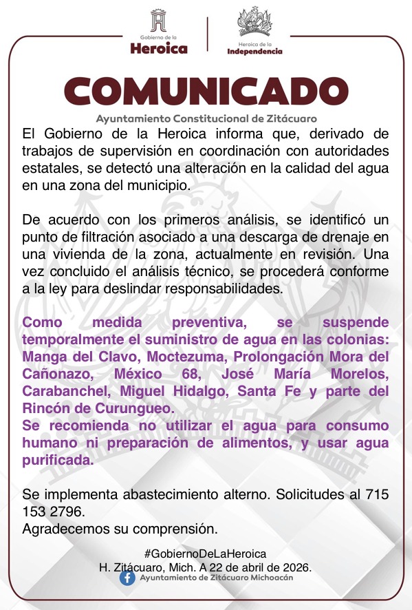 Suspenden suministro de agua en varias colonias de Zitácuaro por alteración en la calidad del líquido.