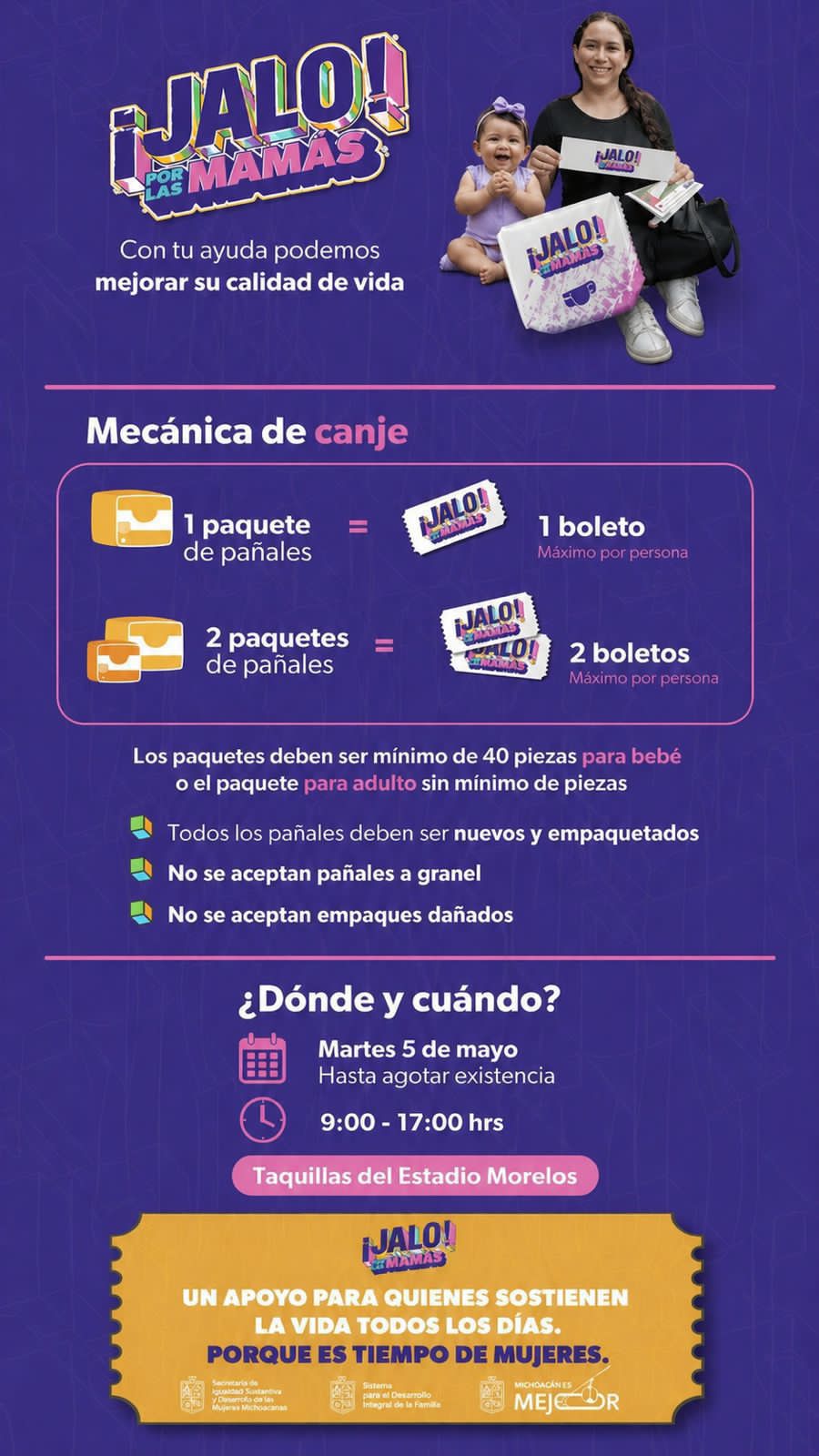 ¡A canjear boletos para “El Buki”! Bedolla anuncia dinámica de pañales por boletos para el concierto gratuito.
