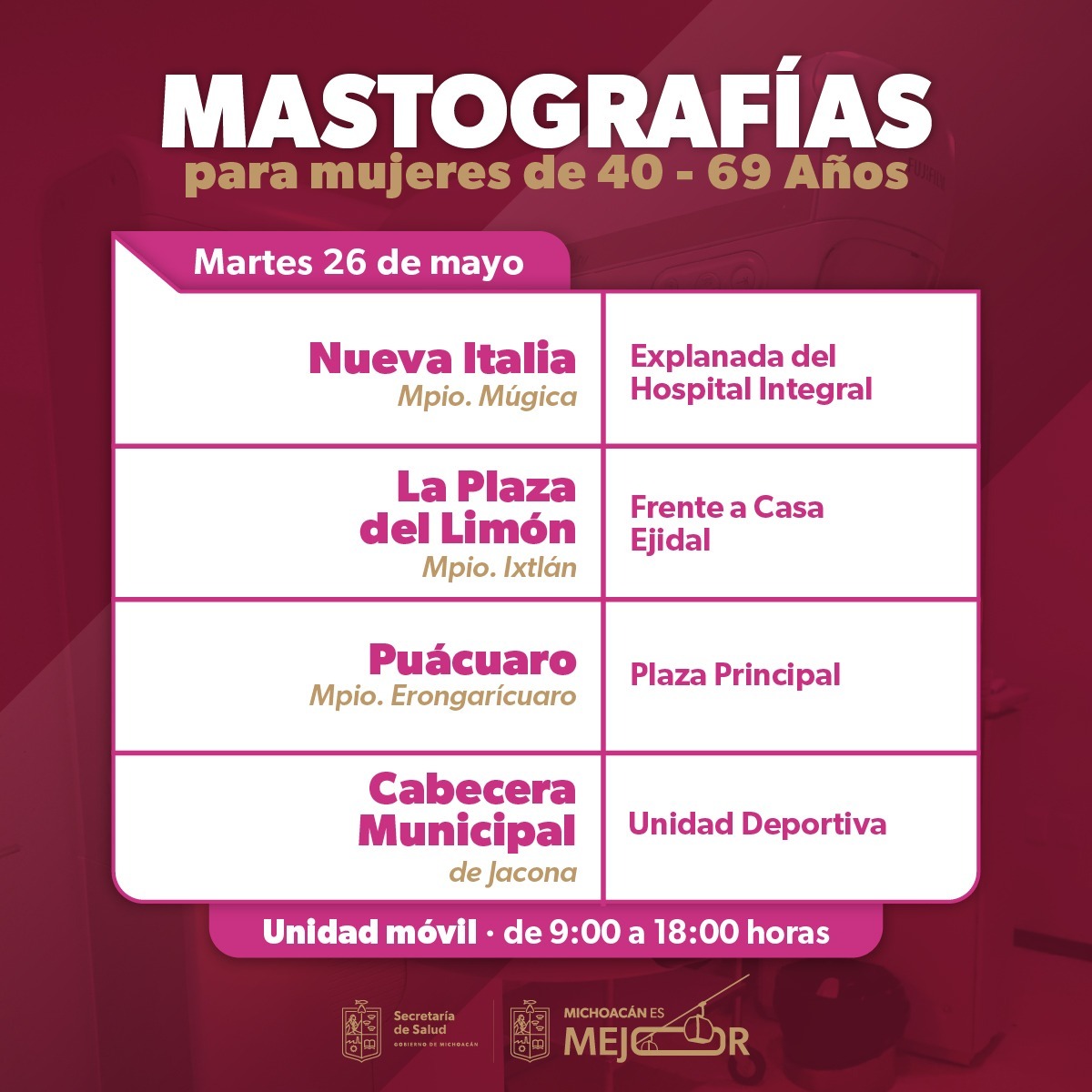 SSM despliega jornadas de mastografía esta semana en 6 municipios