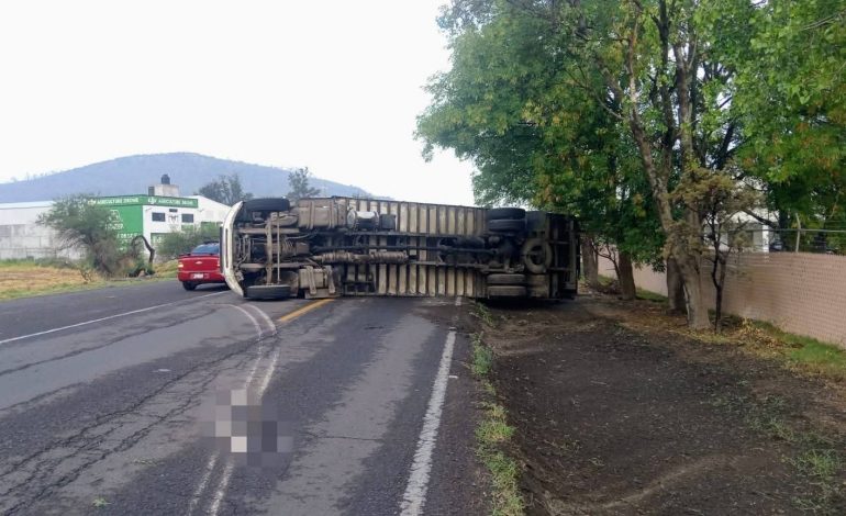 Un tráiler volcó la mañana de este lunes sobre la carretera federal Morelia–Álvaro Obregón
