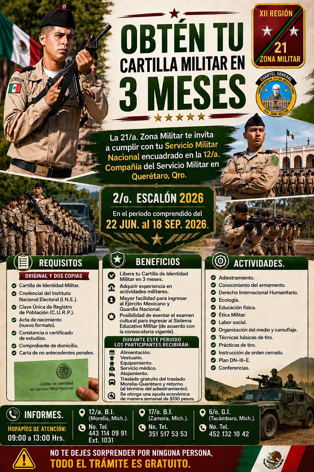 Morelia /La XXI zona militar invita a los jóvenes a liberar su cartilla militar en tres meses.