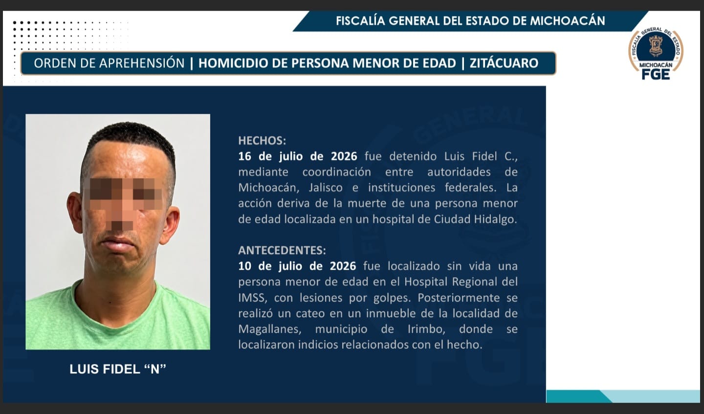 Detienen a presunto responsable del homicidio de un menor en Ciudad Hidalgo