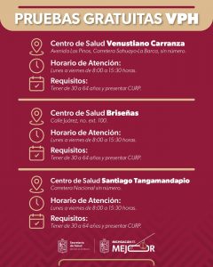 SSM ofrece pruebas gratuitas para VPH en Venustiano Carranza, Briseñas y Tangamandapio