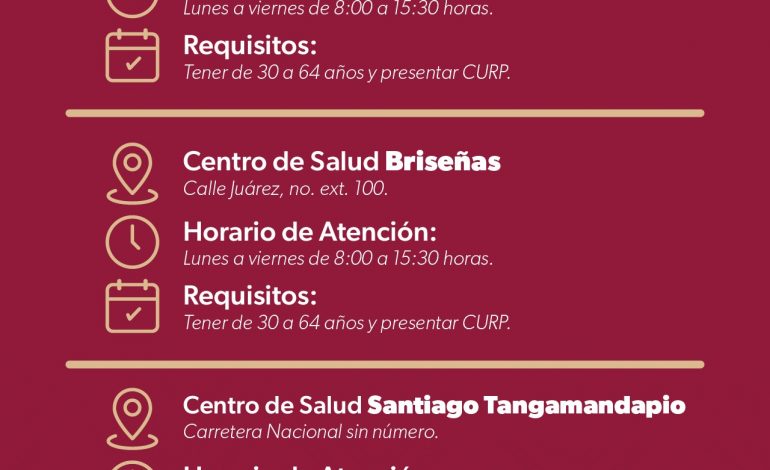 SSM ofrece pruebas gratuitas para VPH en Venustiano Carranza, Briseñas y Tangamandapio