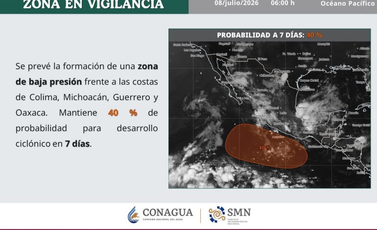 Conagua Michoacán mantiene atención en la costa michoacana ante posible canal de baja presión.
