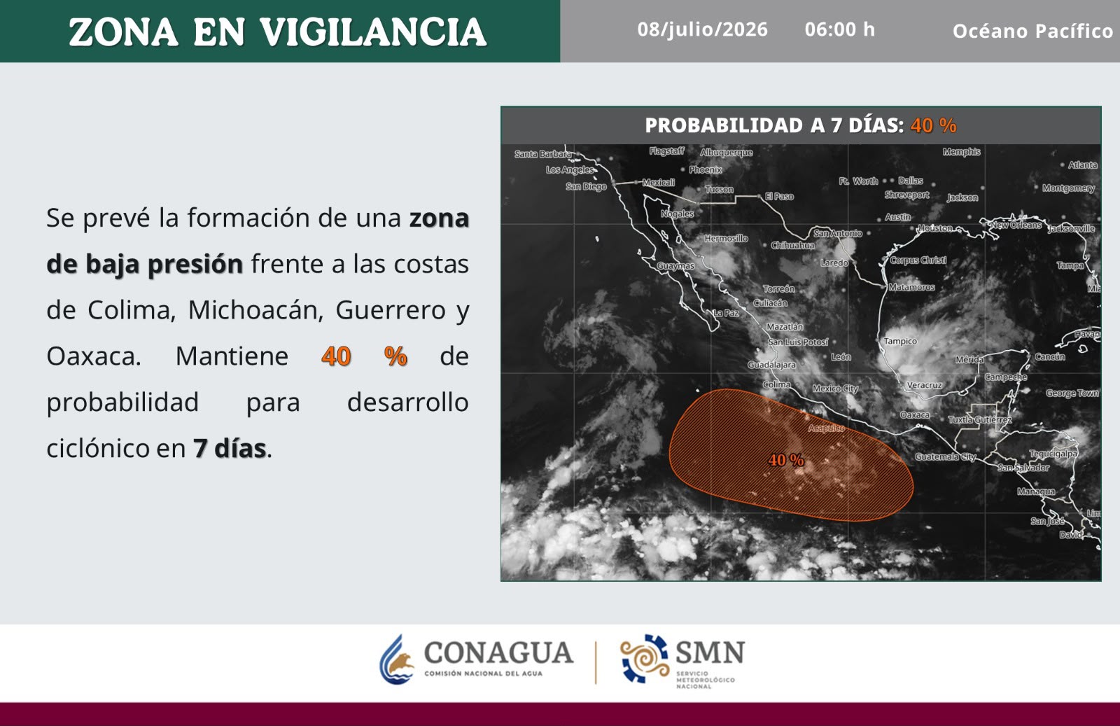 Conagua Michoacán mantiene atención en la costa michoacana ante posible canal de baja presión.
