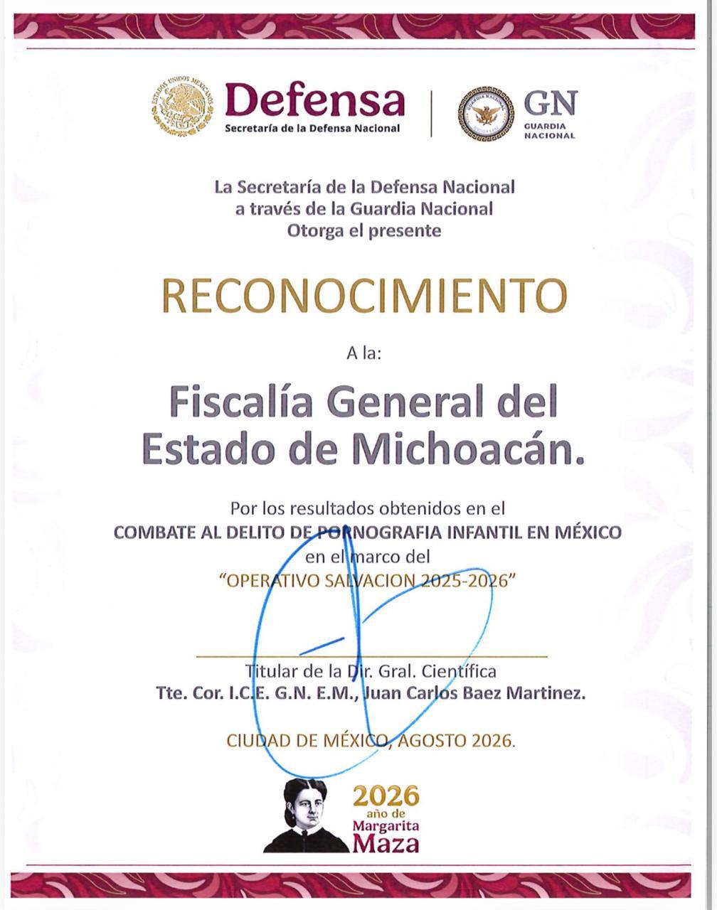 Reconoce Guardia Nacional a FGE Michoacán por resultados en combate a la pornografía infantil