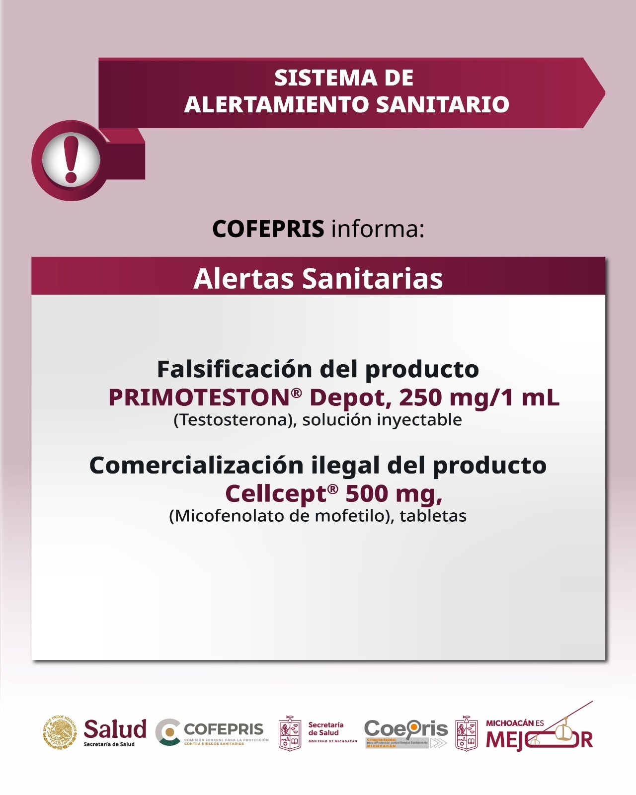 Alerta Cofepris sobre falsificación de Primoteston®️ Depot y comercialización irregular de Cellcept®️