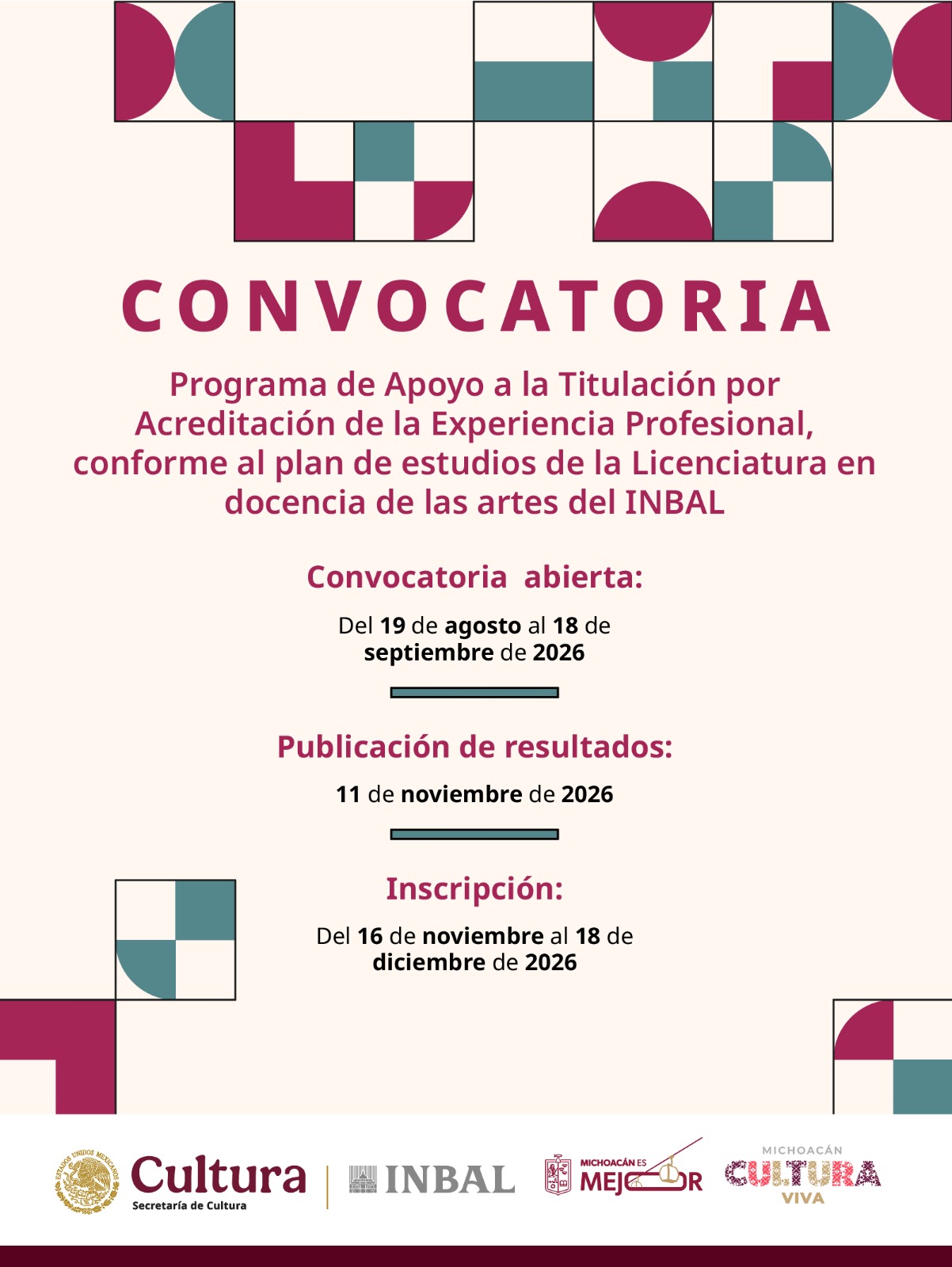 EL INBAL Y LA SECRETARÍA DE CULTURA DE MICHOACÁN EMITEN CONVOCATORIA PARA LA TITULACIÓN EN DOCENCIA DE LAS ARTES