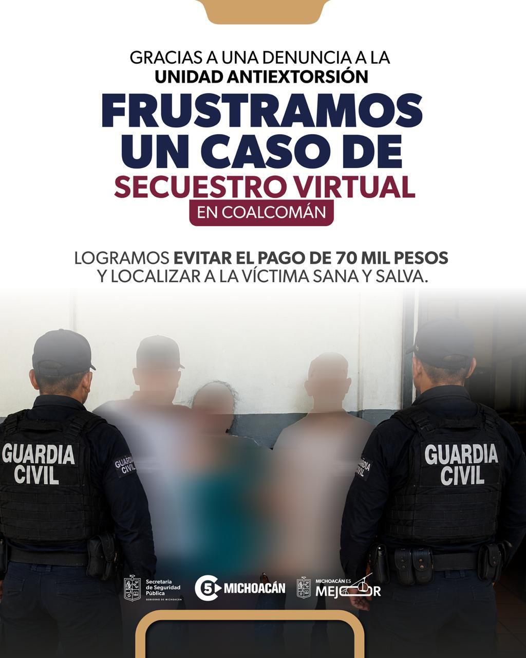 Localiza SSP a víctima de secuestro virtual en Coalcomán; evita pago de 70 mil pesos.