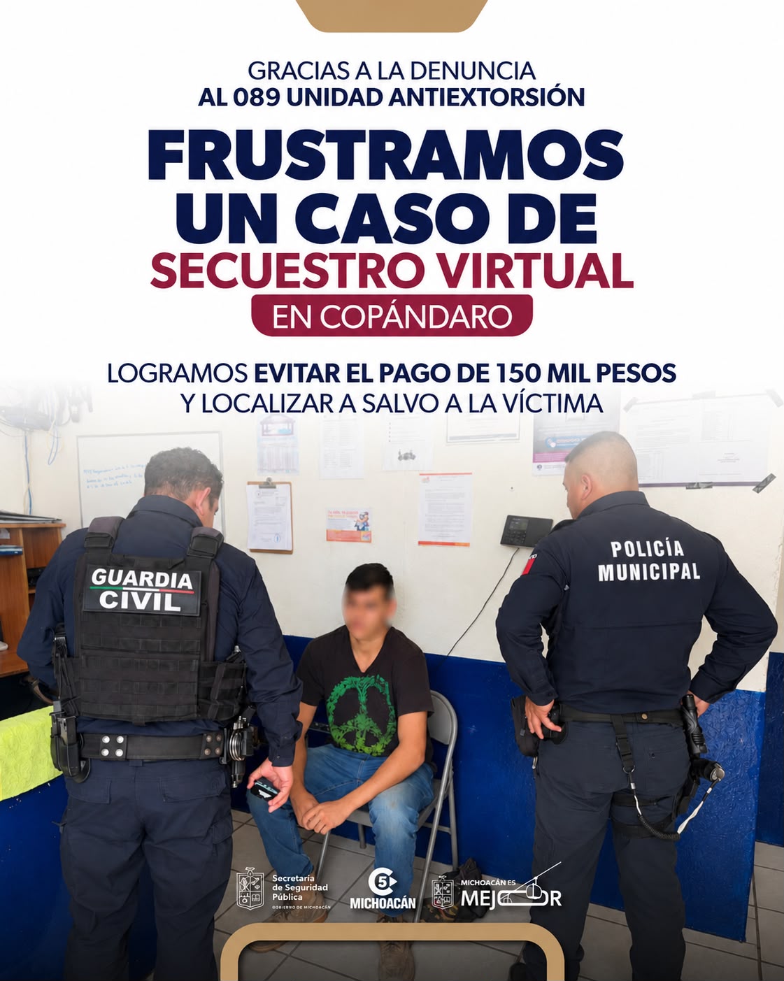 SSP localiza sano y salvo a joven víctima de secuestro virtual; evitó pago de 150 mil pesos
