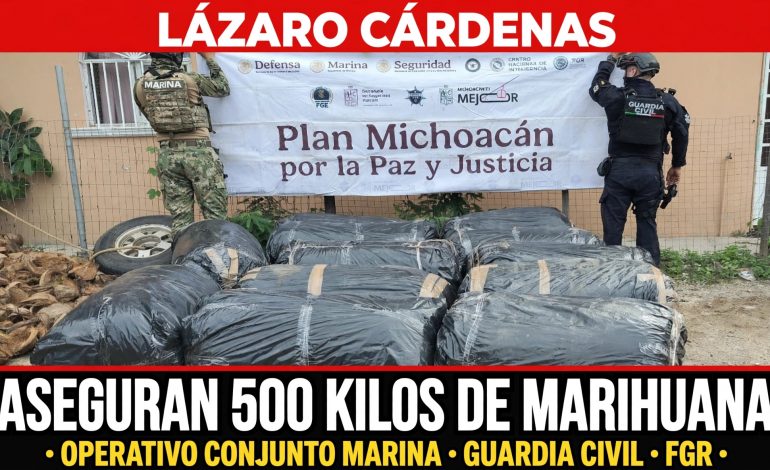 SSP y Marina aseguran camioneta con casi media tonelada de marihuana en Lázaro Cárdenas.