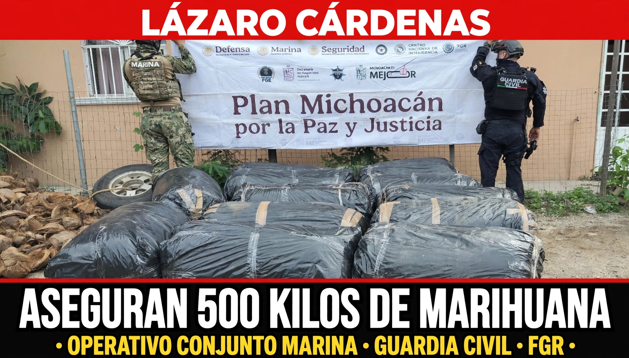 SSP y Marina aseguran camioneta con casi media tonelada de marihuana en Lázaro Cárdenas.