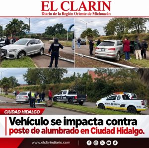 Vehículo se impacta contra poste de alumbrado en Ciudad Hidalgo.<br>