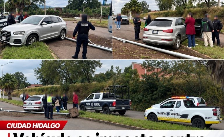 Vehículo se impacta contra poste de alumbrado en Ciudad Hidalgo.