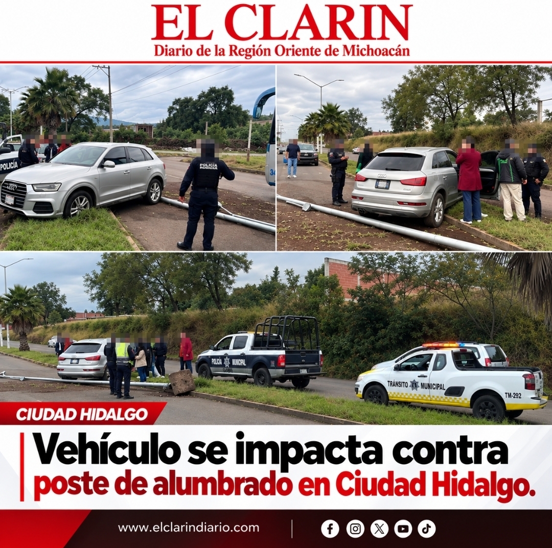 Vehículo se impacta contra poste de alumbrado en Ciudad Hidalgo.