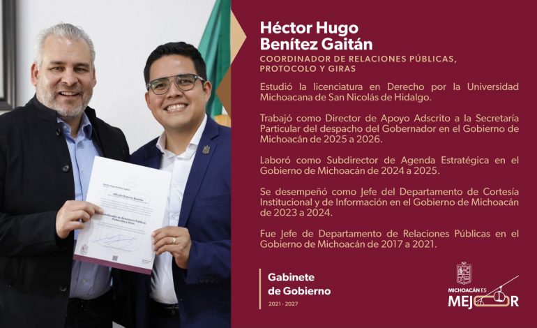 Designa Bedolla a Héctor Benítez como coordinador de Relaciones Públicas, Protocolo y Giras