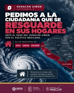 Pide PC a la ciudadanía de LC, Aquila y Coahuayana continuar resguardándose ante el paso de&nbsp; “Simon”.