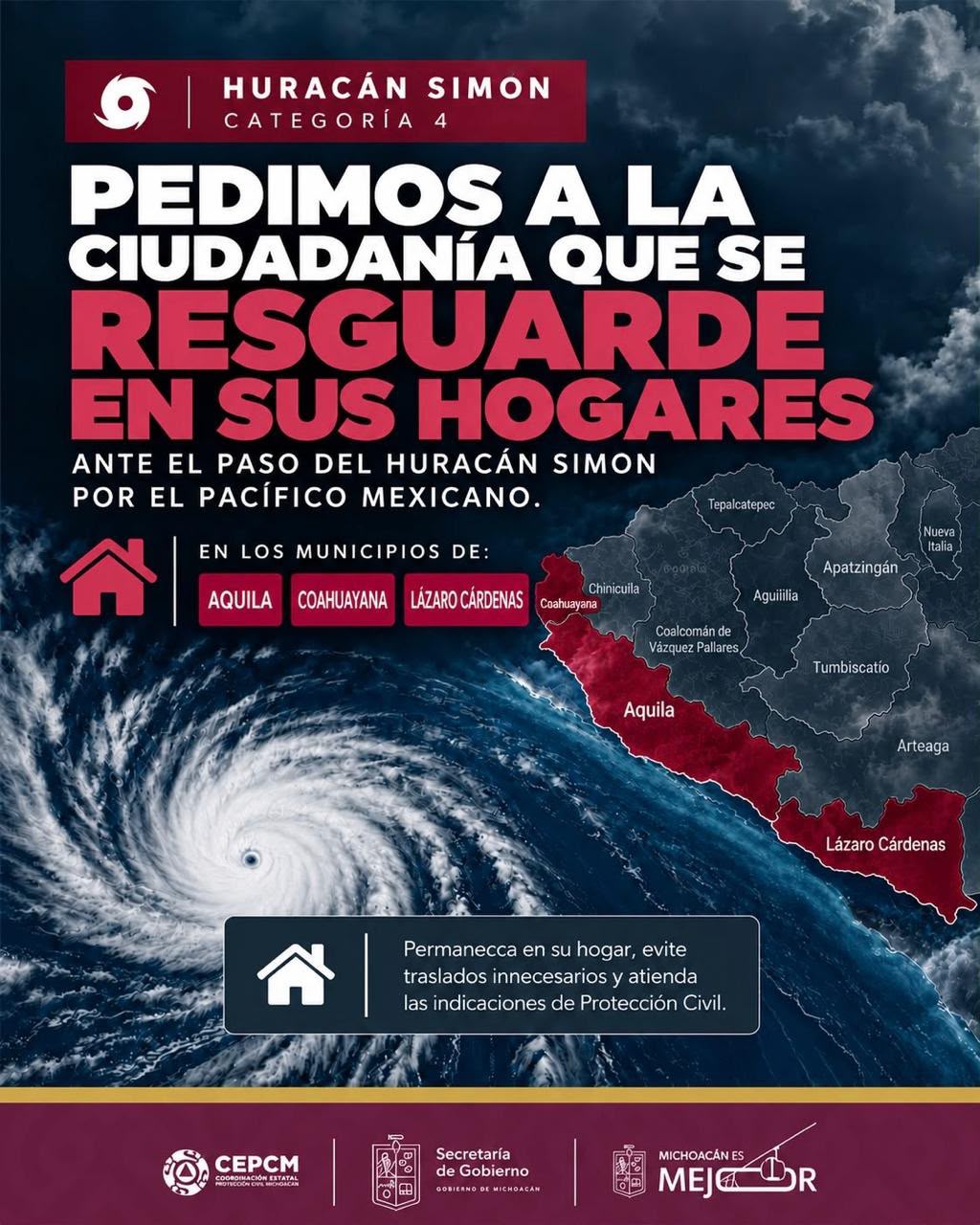 Pide PC a la ciudadanía de LC, Aquila y Coahuayana continuar resguardándose ante el paso de&nbsp; “Simon”.